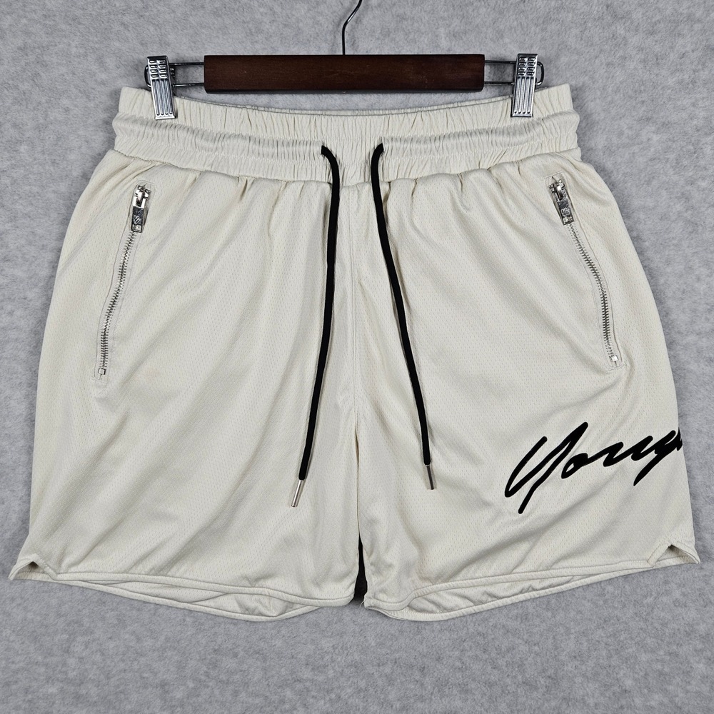 YoungLA (Men's Large) Mesh Gym Shorts Cream Athletic Fit Zipper Pockets 115